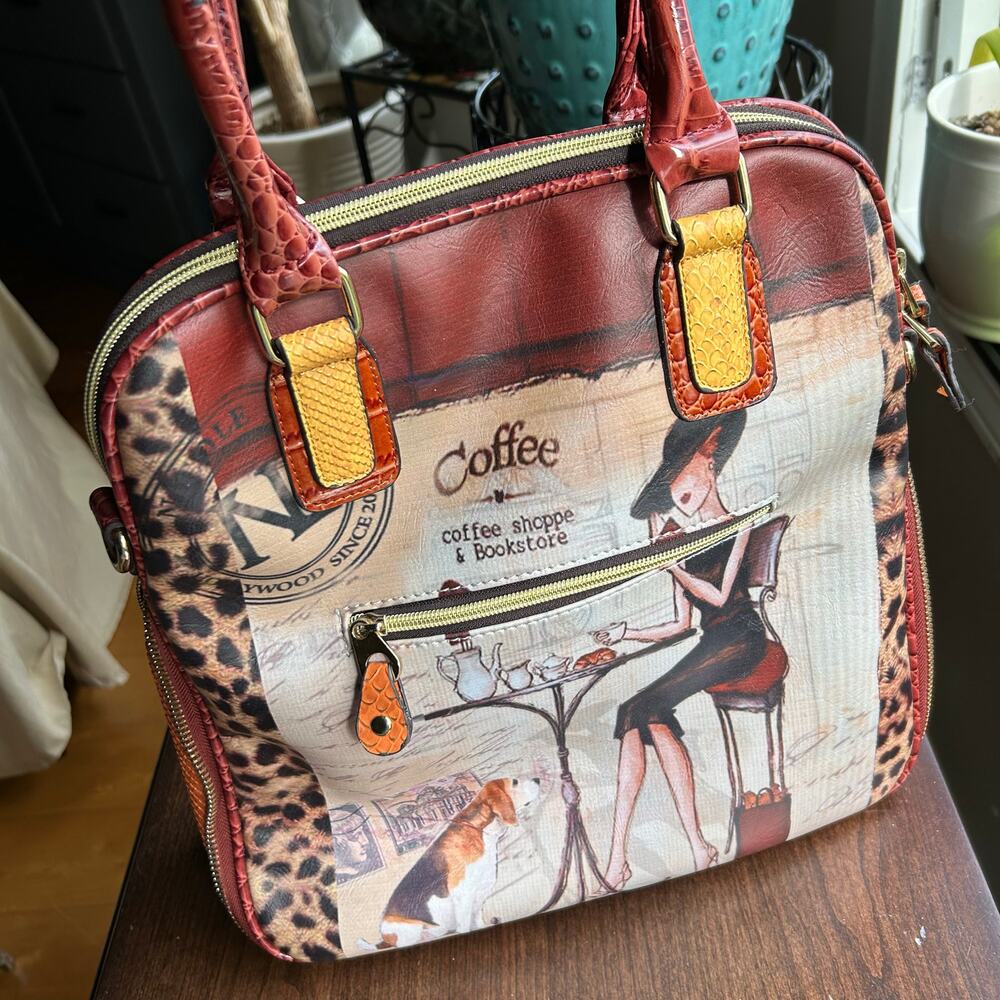 Nicole Lee Red Leopard Café Illustration Crossbody with Matching Wallet - Picture 6 of 16